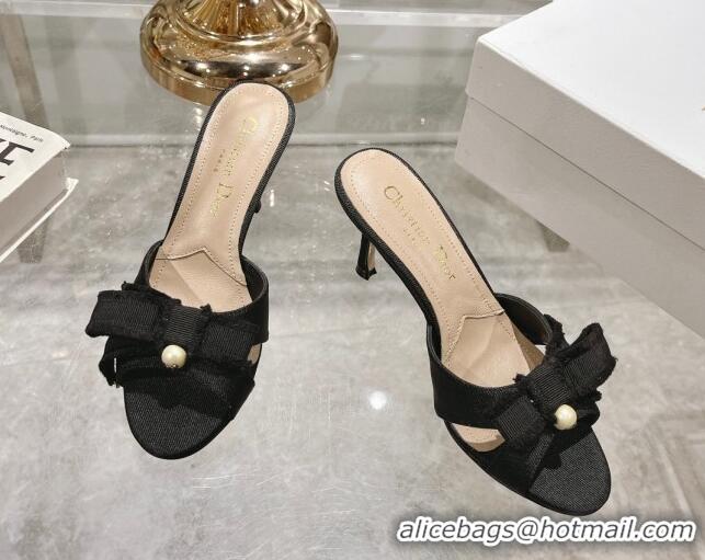 Best Grade Dior Adiorable Heeled Slides Sandal 8cm in Fringed Grosgrain Fabric with Pearl Bow Black 814033