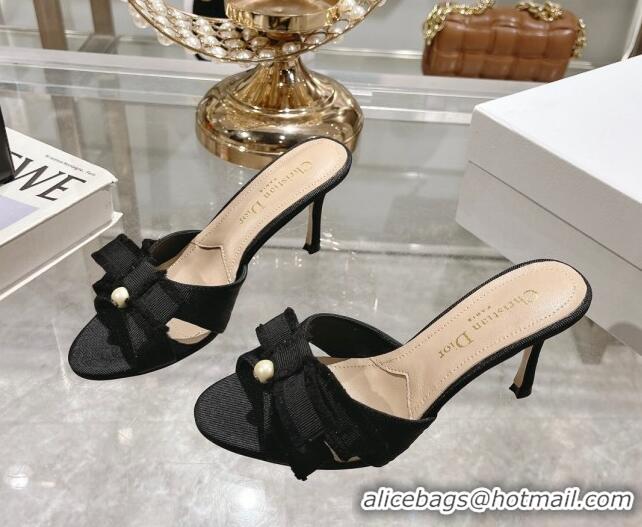 Best Grade Dior Adiorable Heeled Slides Sandal 8cm in Fringed Grosgrain Fabric with Pearl Bow Black 814033