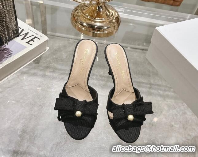 Best Grade Dior Adiorable Heeled Slides Sandal 8cm in Fringed Grosgrain Fabric with Pearl Bow Black 814033