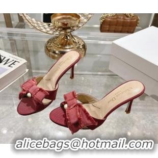 Grade Quality Dior Adiorable Heeled Slides Sandal 8cm in Fringed Grosgrain Fabric with Pearl Bow Rust Red 814034