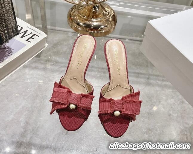 Grade Quality Dior Adiorable Heeled Slides Sandal 8cm in Fringed Grosgrain Fabric with Pearl Bow Rust Red 814034