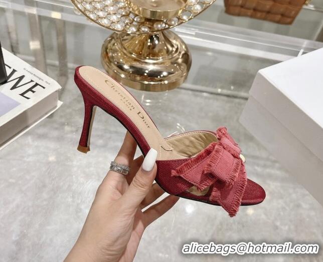 Grade Quality Dior Adiorable Heeled Slides Sandal 8cm in Fringed Grosgrain Fabric with Pearl Bow Rust Red 814034