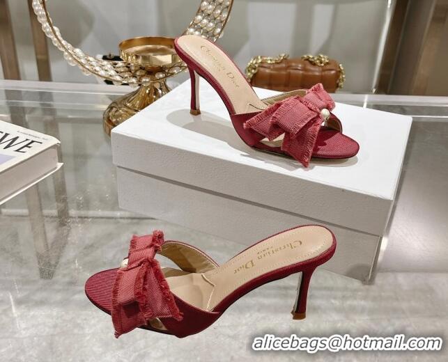 Grade Quality Dior Adiorable Heeled Slides Sandal 8cm in Fringed Grosgrain Fabric with Pearl Bow Rust Red 814034