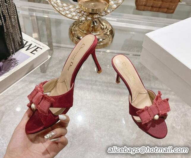 Grade Quality Dior Adiorable Heeled Slides Sandal 8cm in Fringed Grosgrain Fabric with Pearl Bow Rust Red 814034