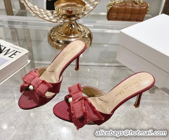 Grade Quality Dior Adiorable Heeled Slides Sandal 8cm in Fringed Grosgrain Fabric with Pearl Bow Rust Red 814034