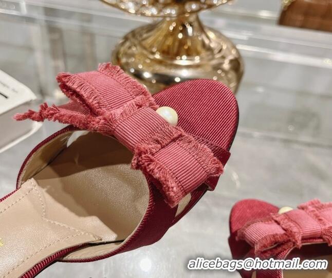 Grade Quality Dior Adiorable Heeled Slides Sandal 8cm in Fringed Grosgrain Fabric with Pearl Bow Rust Red 814034