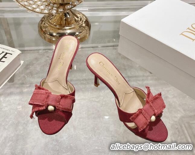 Grade Quality Dior Adiorable Heeled Slides Sandal 8cm in Fringed Grosgrain Fabric with Pearl Bow Rust Red 814034