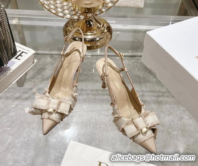 Top Grade Dior Adiorable Slingback Pumps 8cm in Fringed Grosgrain Fabric with Pearl Bow Beige 814035