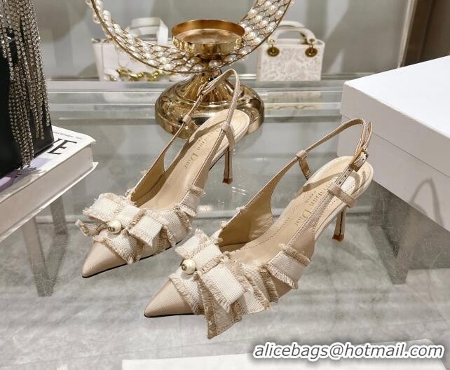 Top Grade Dior Adiorable Slingback Pumps 8cm in Fringed Grosgrain Fabric with Pearl Bow Beige 814035