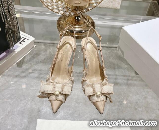 Top Grade Dior Adiorable Slingback Pumps 8cm in Fringed Grosgrain Fabric with Pearl Bow Beige 814035