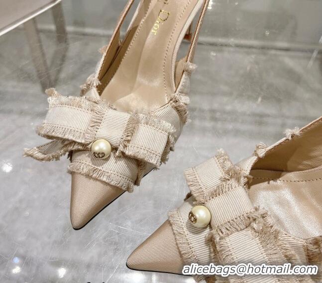 Top Grade Dior Adiorable Slingback Pumps 8cm in Fringed Grosgrain Fabric with Pearl Bow Beige 814035