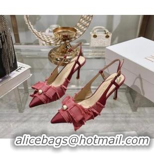 Perfect Dior Adiorable Slingback Pumps 8cm in Fringed Grosgrain Fabric with Pearl Bow Rust Red 814036