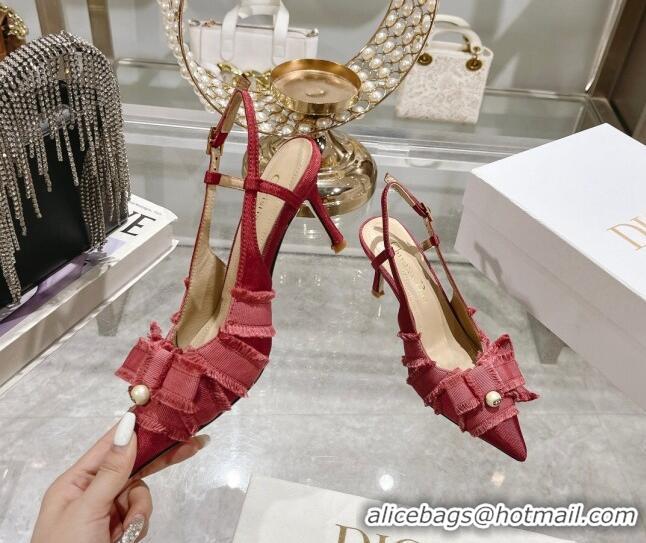 Perfect Dior Adiorable Slingback Pumps 8cm in Fringed Grosgrain Fabric with Pearl Bow Rust Red 814036