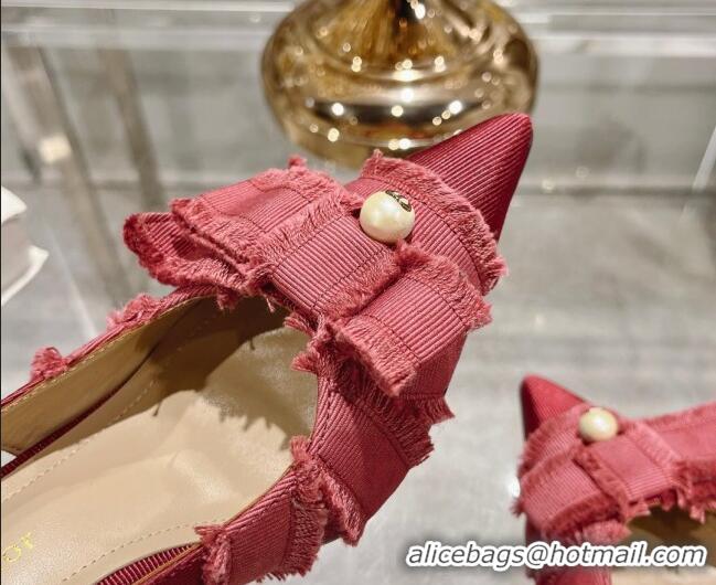 Perfect Dior Adiorable Slingback Pumps 8cm in Fringed Grosgrain Fabric with Pearl Bow Rust Red 814036