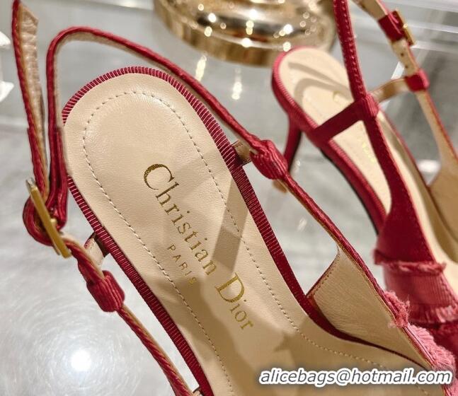 Perfect Dior Adiorable Slingback Pumps 8cm in Fringed Grosgrain Fabric with Pearl Bow Rust Red 814036