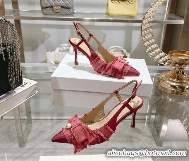 Perfect Dior Adiorable Slingback Pumps 8cm in Fringed Grosgrain Fabric with Pearl Bow Rust Red 814036