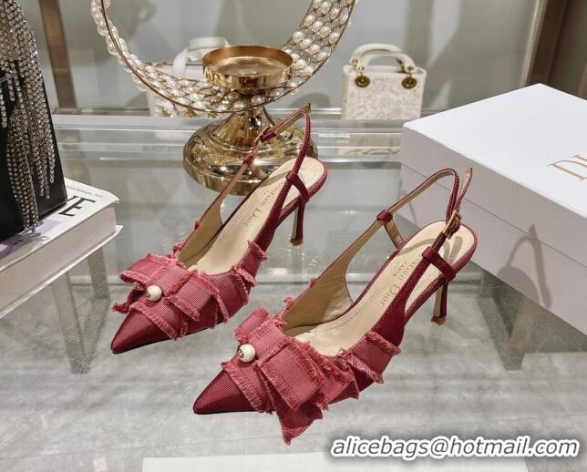 Perfect Dior Adiorable Slingback Pumps 8cm in Fringed Grosgrain Fabric with Pearl Bow Rust Red 814036