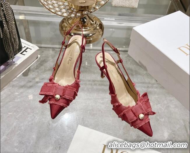 Perfect Dior Adiorable Slingback Pumps 8cm in Fringed Grosgrain Fabric with Pearl Bow Rust Red 814036