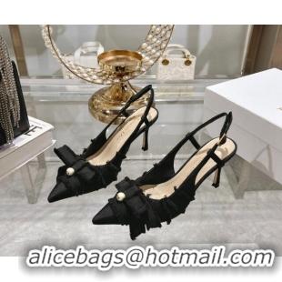 Best Price Dior Adiorable Slingback Pumps 8cm in Fringed Grosgrain Fabric with Pearl Bow Black 814037