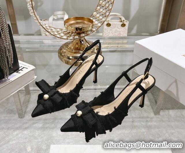 Best Price Dior Adiorable Slingback Pumps 8cm in Fringed Grosgrain Fabric with Pearl Bow Black 814037