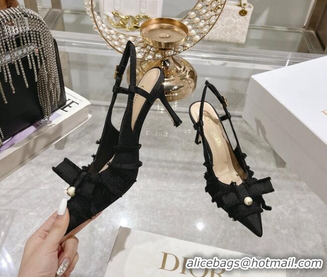 Best Price Dior Adiorable Slingback Pumps 8cm in Fringed Grosgrain Fabric with Pearl Bow Black 814037