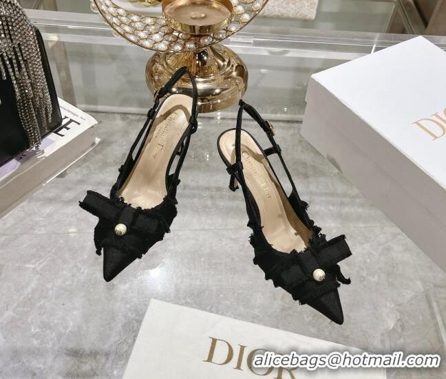 Best Price Dior Adiorable Slingback Pumps 8cm in Fringed Grosgrain Fabric with Pearl Bow Black 814037