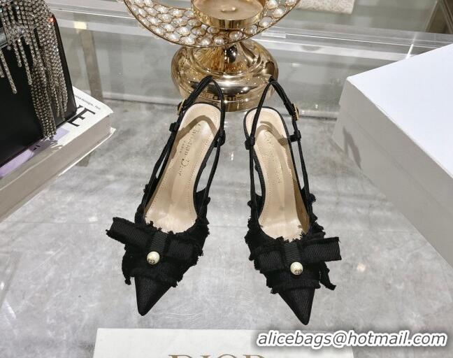 Best Price Dior Adiorable Slingback Pumps 8cm in Fringed Grosgrain Fabric with Pearl Bow Black 814037