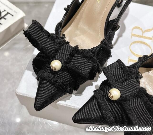 Best Price Dior Adiorable Slingback Pumps 8cm in Fringed Grosgrain Fabric with Pearl Bow Black 814037