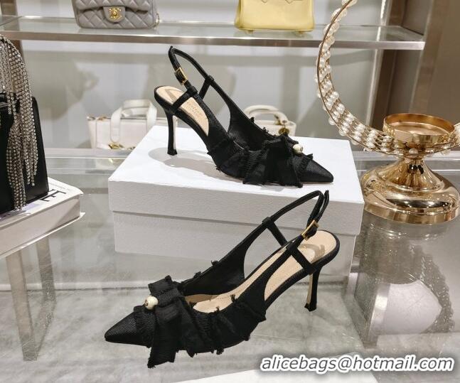 Best Price Dior Adiorable Slingback Pumps 8cm in Fringed Grosgrain Fabric with Pearl Bow Black 814037