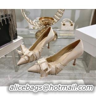 Good Looking Dior Adiorable Pumps 8cm in Fringed Grosgrain Fabric with Pearl Bow Beige 814038