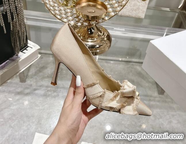 Good Looking Dior Adiorable Pumps 8cm in Fringed Grosgrain Fabric with Pearl Bow Beige 814038