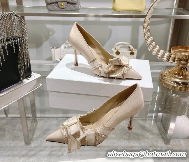 Good Looking Dior Adiorable Pumps 8cm in Fringed Grosgrain Fabric with Pearl Bow Beige 814038