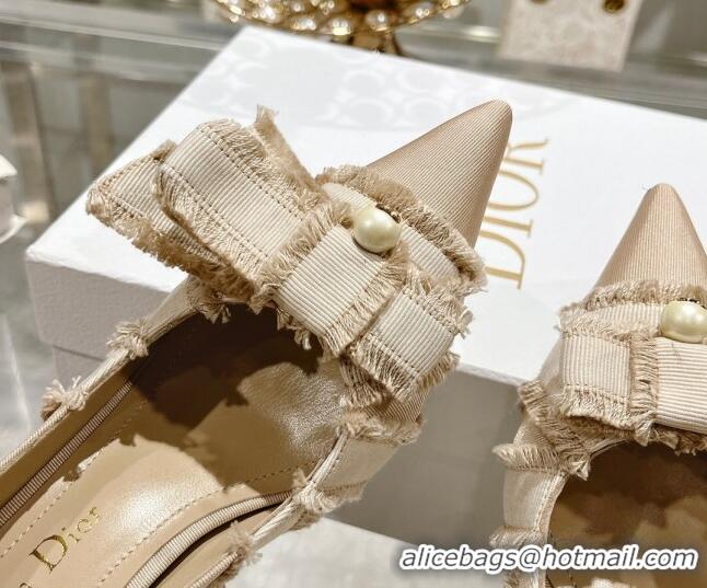 Good Looking Dior Adiorable Pumps 8cm in Fringed Grosgrain Fabric with Pearl Bow Beige 814038