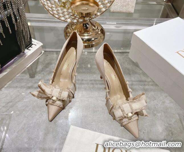 Good Looking Dior Adiorable Pumps 8cm in Fringed Grosgrain Fabric with Pearl Bow Beige 814038