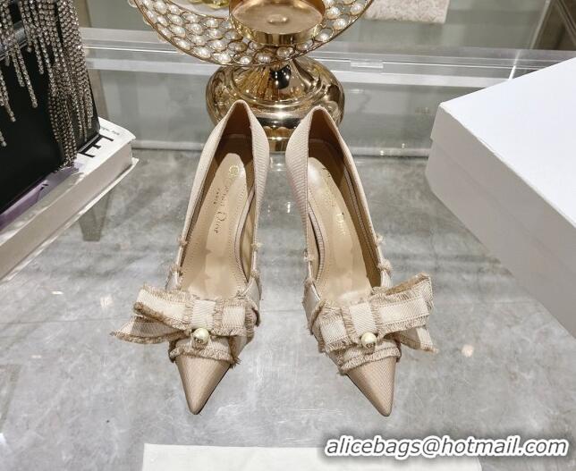 Good Looking Dior Adiorable Pumps 8cm in Fringed Grosgrain Fabric with Pearl Bow Beige 814038