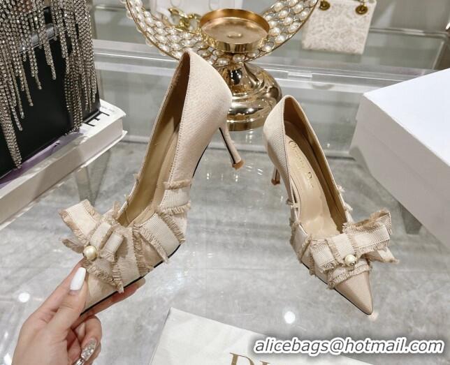 Good Looking Dior Adiorable Pumps 8cm in Fringed Grosgrain Fabric with Pearl Bow Beige 814038