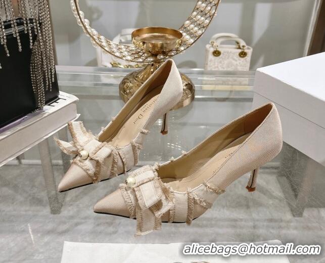 Good Looking Dior Adiorable Pumps 8cm in Fringed Grosgrain Fabric with Pearl Bow Beige 814038