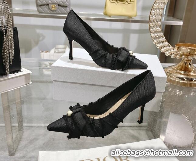 Purchase Dior Adiorable Pumps 8cm in Fringed Grosgrain Fabric with Pearl Bow Black 814039