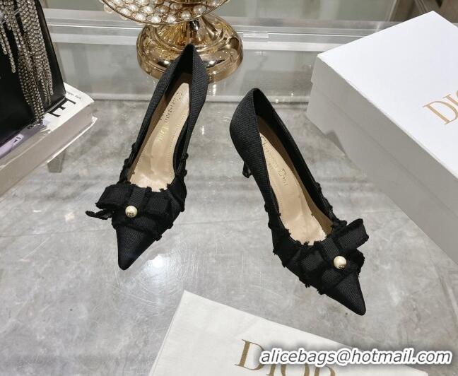 Purchase Dior Adiorable Pumps 8cm in Fringed Grosgrain Fabric with Pearl Bow Black 814039