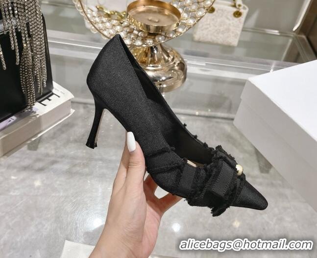 Purchase Dior Adiorable Pumps 8cm in Fringed Grosgrain Fabric with Pearl Bow Black 814039