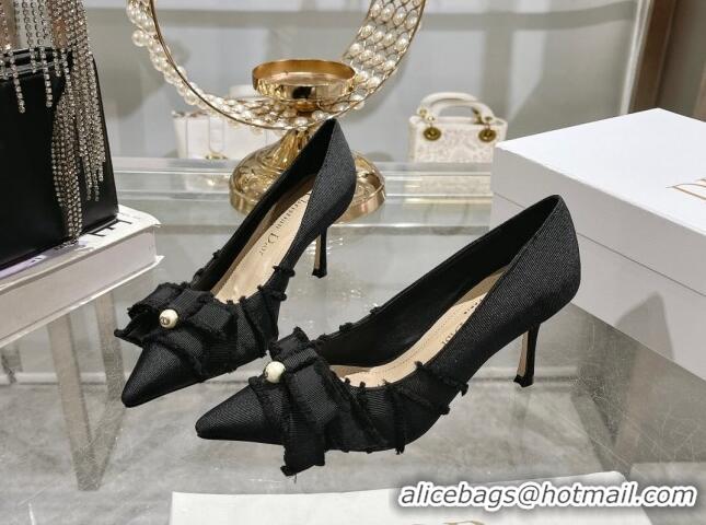 Purchase Dior Adiorable Pumps 8cm in Fringed Grosgrain Fabric with Pearl Bow Black 814039