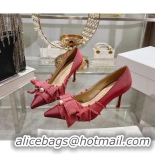 Sophisticated Dior Adiorable Pumps 8cm in Fringed Grosgrain Fabric with Pearl Bow Rust Red 814040