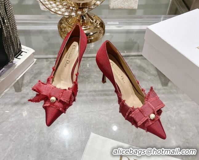 Sophisticated Dior Adiorable Pumps 8cm in Fringed Grosgrain Fabric with Pearl Bow Rust Red 814040