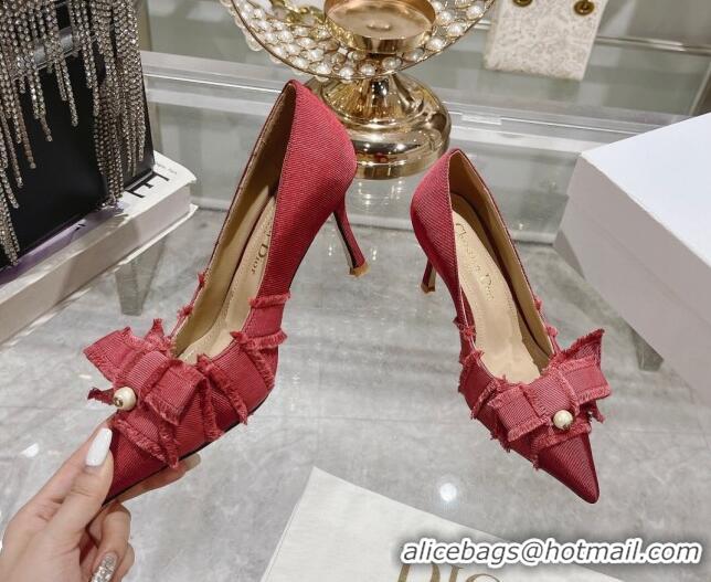 Sophisticated Dior Adiorable Pumps 8cm in Fringed Grosgrain Fabric with Pearl Bow Rust Red 814040