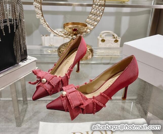 Sophisticated Dior Adiorable Pumps 8cm in Fringed Grosgrain Fabric with Pearl Bow Rust Red 814040