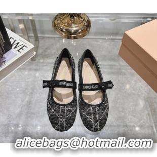 Stylish Dior Mary Janes Ballet Flats in Black and White Cannage Tweed with Bow 814041