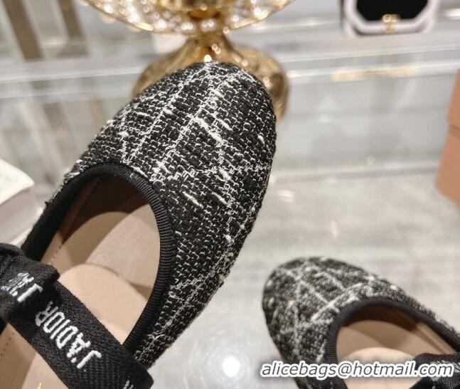 Stylish Dior Mary Janes Ballet Flats in Black and White Cannage Tweed with Bow 814041