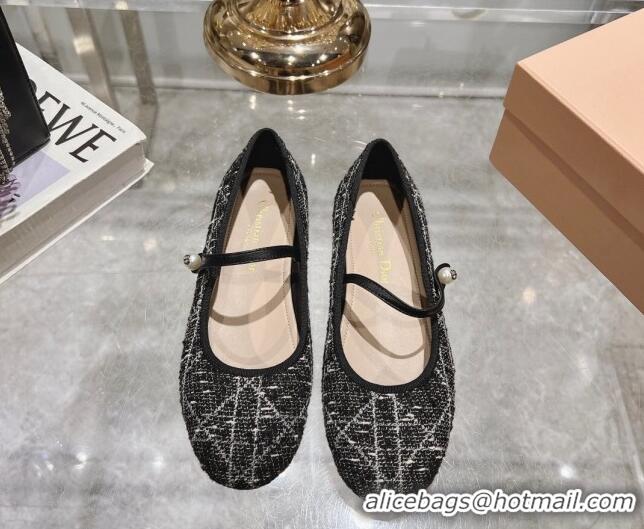 Pretty Style Dior Mary Janes Ballet Flats in Black and White Cannage Tweed with Pearl 814043