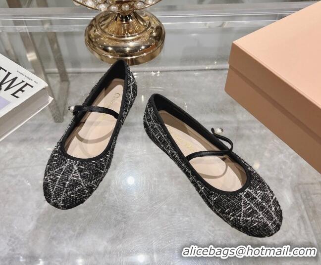 Pretty Style Dior Mary Janes Ballet Flats in Black and White Cannage Tweed with Pearl 814043