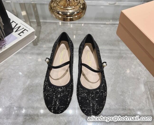 Popular Style Dior Mary Janes Ballet Flats in Black and White2 Cannage Tweed with Pearl 814044